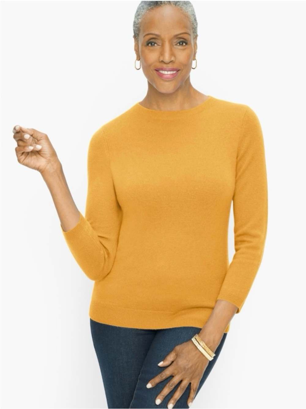 Taibots 100% Pure Cashmere Golden Yellow Crewneck 3/4 Sleeve Soft Knit Sweater